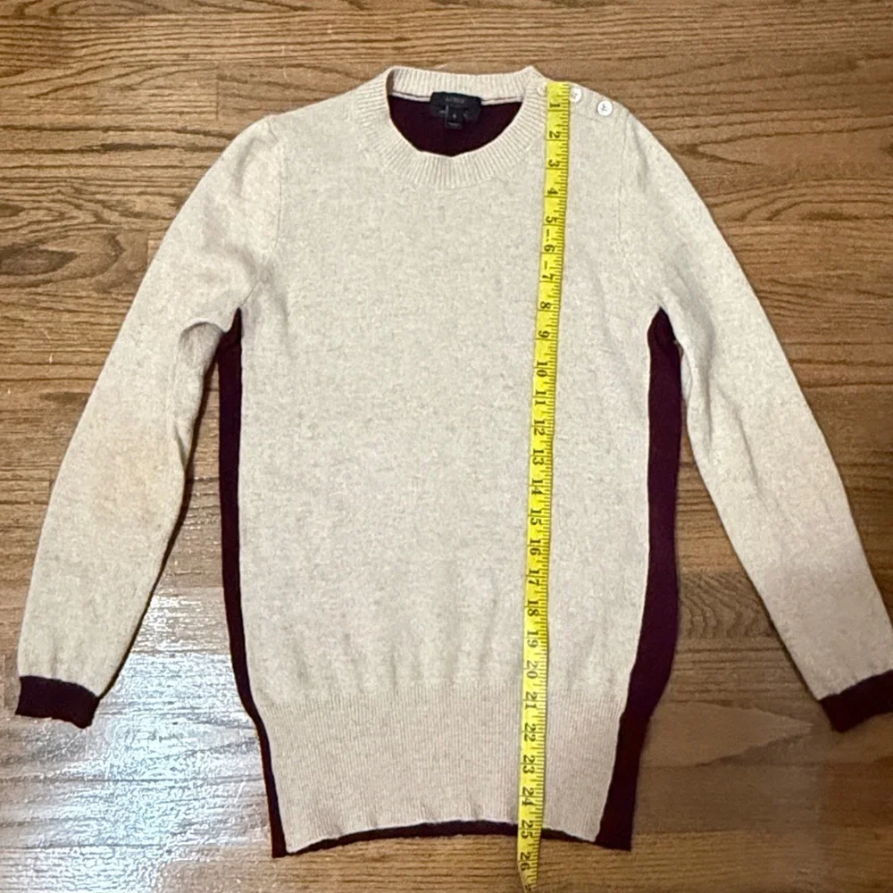 J. Crew Tan and Burgundy Elbow Patch Cashmere Wool Sweater Size S